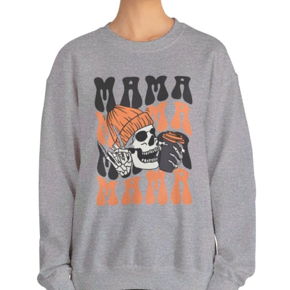 Grey Women Mama Coffee Skull Sweatshirt Skeleton Peace Cozy Fall Halloween Shirt